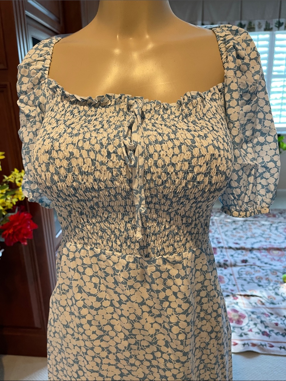 Faithfull the Brand Blue and Cream Floral Smocked Midi Dress - Picture 4 of 7